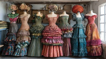 Fototapeta premium Seven colorful, ruffled flamenco dresses on mannequins in a workshop.