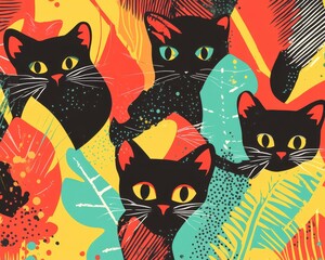 Playful kittens peeking from abstract shapes, dynamic seamless vector background