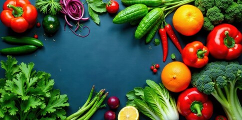 Vibrant assortment of fresh, colorful fruits and vegetables arranged artfully on a dark background, creating a visually appealing and healthy composition.