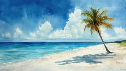 Fototapeta premium Tropical Paradise with Palm Tree, Sandy Beach and Clear Blue Ocean under Dramatic Clouds on a Bright Sunny Day
