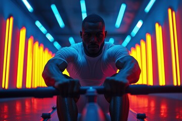 Athlete rowing machine workout in vibrant neon light. Intense fitness training.