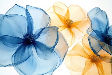 Obraz premium Delicate, translucent flowers in shades of blue and orange create a soft, artistic composition against a light background.