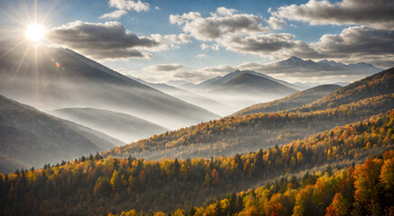 autumn sunset in the mountains. ai generated