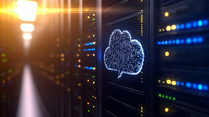 A server room displays a cloud computing technology symbol