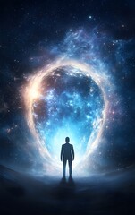 Fototapeta premium The Voyager's Gateway: A solitary figure stands before a mesmerizing cosmic portal, a beacon of exploration and infinite possibilities, embracing the unknown, a journey of discovery.
