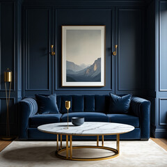 elegant navy-blue room with a velvet sofa and framed artwork