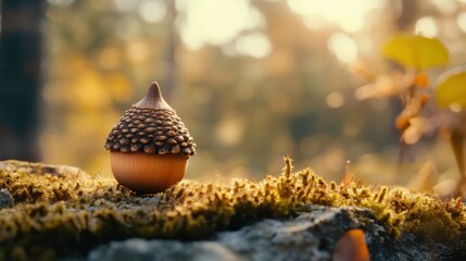 Single Acorn on Mossy Surface with Soft Light