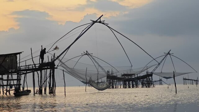 Chinese fishing nets in the Thale Noi
