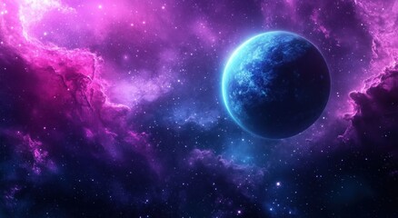 A solitary planet floats amongst colorful nebulous cosmic clouds