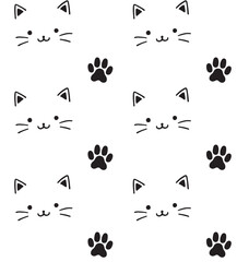 Fototapeta premium Cat faces and paws seamless pattern vector