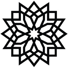 Seamless vector pattern of geometric snowflake elements on a black backdrop.