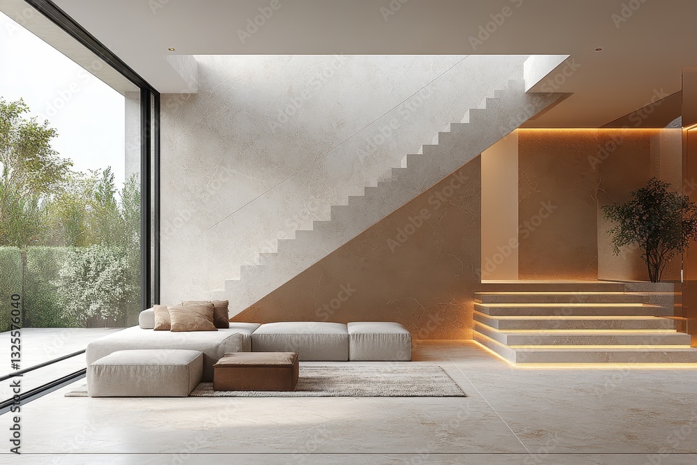 Poster modern minimalist interior design featuring an open space with natural light and subtle colors in a 