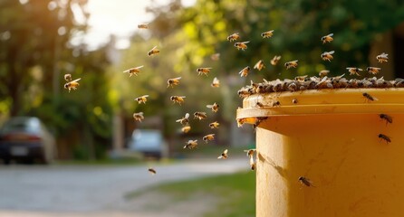 Bees Swarming Around Yellow Trash Bin in Natural Outdoor Setting