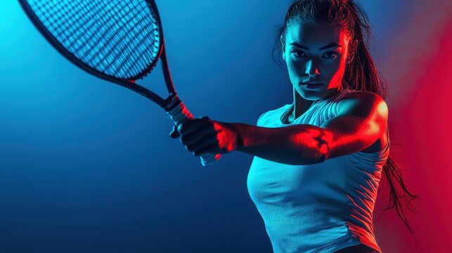 Powerful female tennis player in action, dramatic lighting enhances her focus and athleticism. - Powered by Adobe