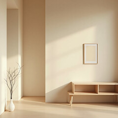 Japan inspired interior with soft beige walls minimal wooden furniture and a single framed artwork
