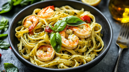 Delicious pesto pasta with shrimp and basil garnish tasty italian food recipe fresh ingredients meal