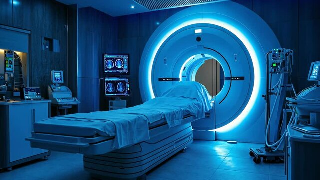 Modern medical imaging room equipped with advanced MRI machine and monitoring equipment at a healthcare facility