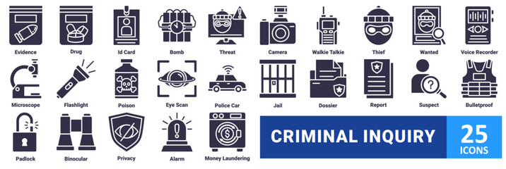 Criminal Inquiry icon set. with icon evidence, drug, id card, bomb, threat, camera, walkie talkie, thief, wanted, voice recorder, microscope, flashlight, poison, eye scan, police car, jail, dossier 