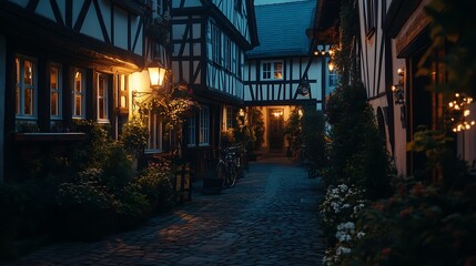 Fototapeta premium Vintage Cobblestone Alley with Warm Lit Fachwerk Houses at Night