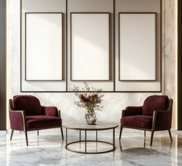 Elegant living room with two burgundy velvet armchairs, a round coffee table, and three blank canvas frames against a marble wall.