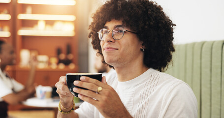 Thinking, coffee and relax with man in cafe for reflection, lunch break and happiness. Vision, calm and latte beverage with male customer drinking in restaurant for espresso, idea and caffeine