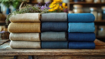 Stacked fabric bolts in various natural colors on wooden table.
