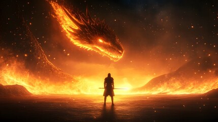 A knight with a glowing sword standing in front of a massive dragon, with flames lighting up the night sky