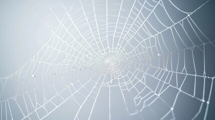Intricate Spider Web with Dew Drops on a Soft Gray Background