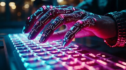 Futuristic Robotic Hand Typing on a Glowing Keyboard in a Cyberpunk Setting - Powered by Adobe