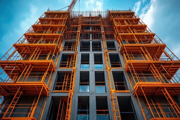 Construction site of a high-rise building with vibrant scaffolding under a clear blue sky