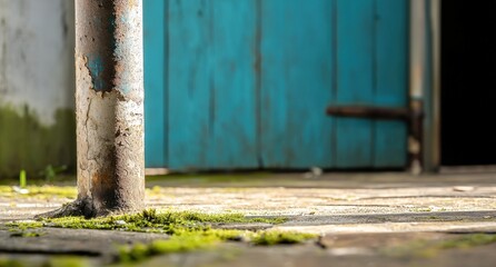 Weathered Metal Post Surrounded by Green Moss and Rustic Doorway