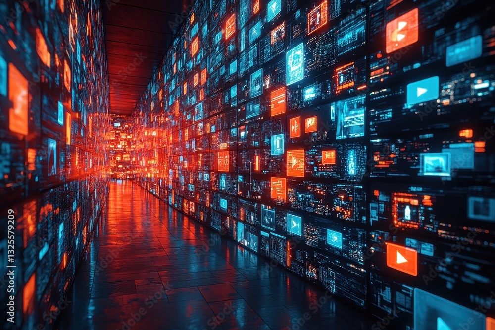 Poster brightly lit corridor filled with glowing screens displaying digital content in a modern technology 