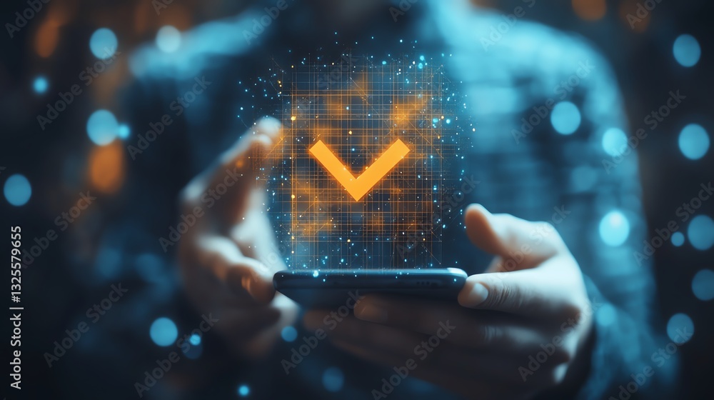 Poster 3d rendering of male hand using cellphone with digital guarantee checkmark