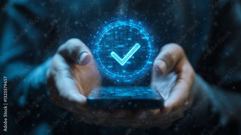 Aufkleber 3d rendering of male hand using cellphone with digital guarantee checkmark