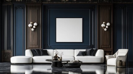 Elegant living room with white sofa, dark walls, and gold accents.