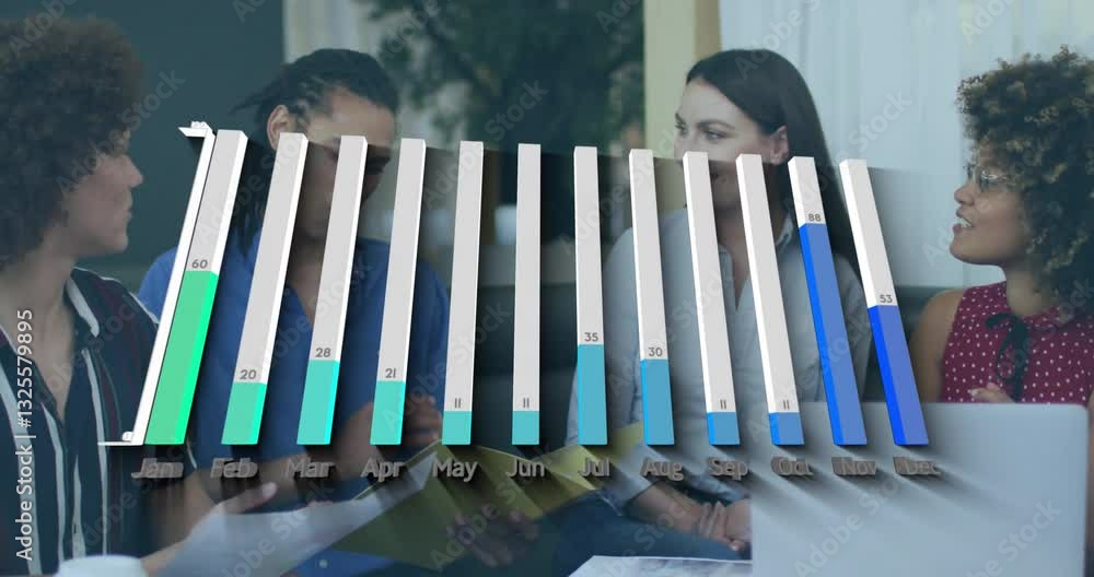 Poster discussing bar graph data, diverse team in business meeting with animation overlay