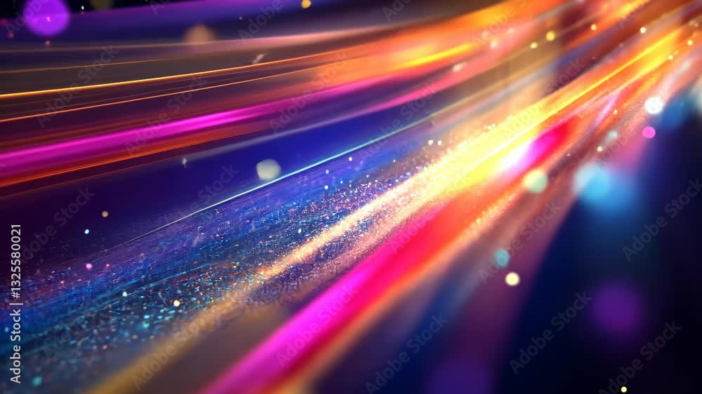 Poster vibrant neon light trails moving across a dynamic abstract background