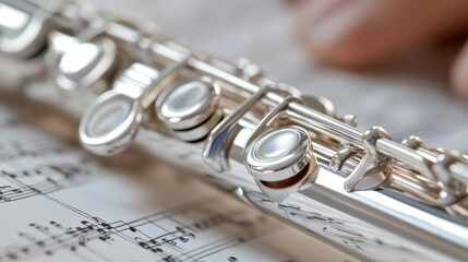 Fototapeta premium Close-up of a silver flute on music sheets. Detailed view of keys and mouthpiece