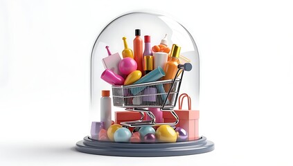 Fototapeta premium A simple 3D render of a shopping cart filled with goods inside a glass dome, symbolizing consumerism and materialism, placed on a plain white background. 