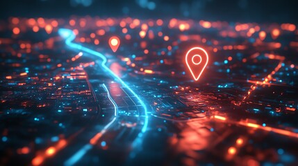 3D rendering of glowing map markers with neon path on dark surface at night, illuminated travel route, digital navigation, futuristic design, glowing pathway