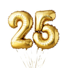 Number Twenty-five Shaped Golden Balloons, Perfect for Anniversary or Birthday, on a Transparent Background