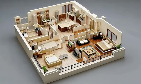 Architectural rendition condo interior displaying floorplan, furniture, details, and neutral background