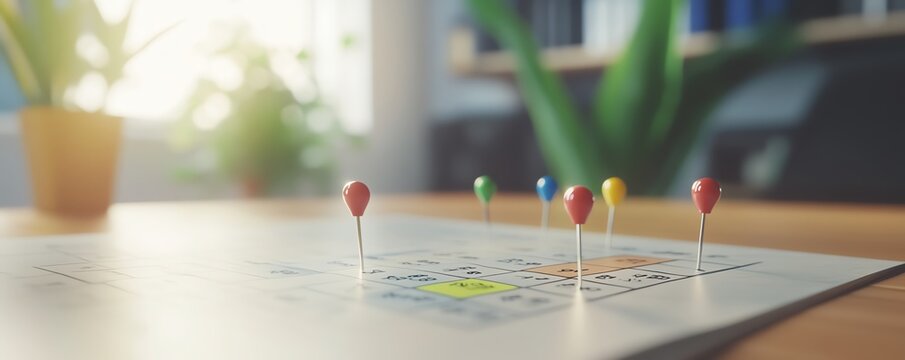 Closeup of calendar with colorful pins on marked dates, 3D rendering, planning, organization, time management, modern office desk, efficient workspace setup