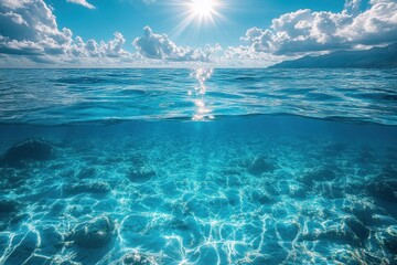 Fototapeta premium Beneath the clear blue surface, sunlight dances on ocean waves in tropical paradise