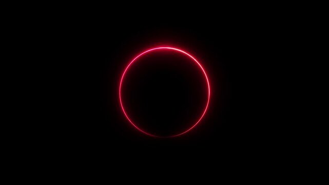 neon light trail circle red color animation on black background. Endless circular looping pattern Slow turn. Shiny disc. Abstract footage video. Black background