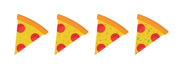 Pizza Slice Icon Set. Tasty Fast Food, Pepperoni Pizza, Cheese Pizza, Italian Cuisine, Flat Design, Restaurant Menu, Food Delivery, Snack, Cartoon Illustration