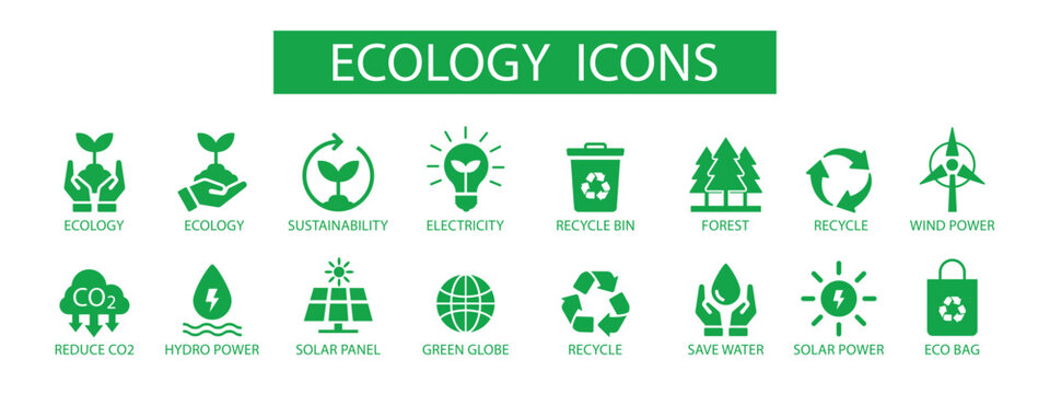 Ecology icon set. Environment, sustainability, nature, recycle, renewable energy; electric bike, eco-friendly, forest, wind power, green symbol. Solid icons vector collection.