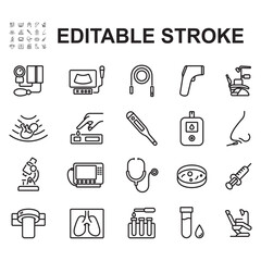 Collection of icons related to medical diagnostic equipment. Contains icons such as ultrasound, stethoscope, thermometer and many more. Line style vector.
