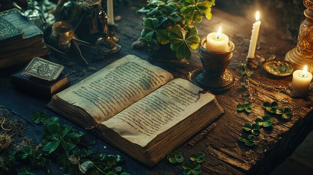 Open grimoire surrounded by candles and clovers on a wooden table