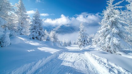 Fototapeta premium Snowy mountain path through snow-covered pine trees.